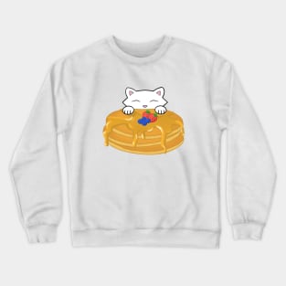Cute white cat eating a pancake Crewneck Sweatshirt